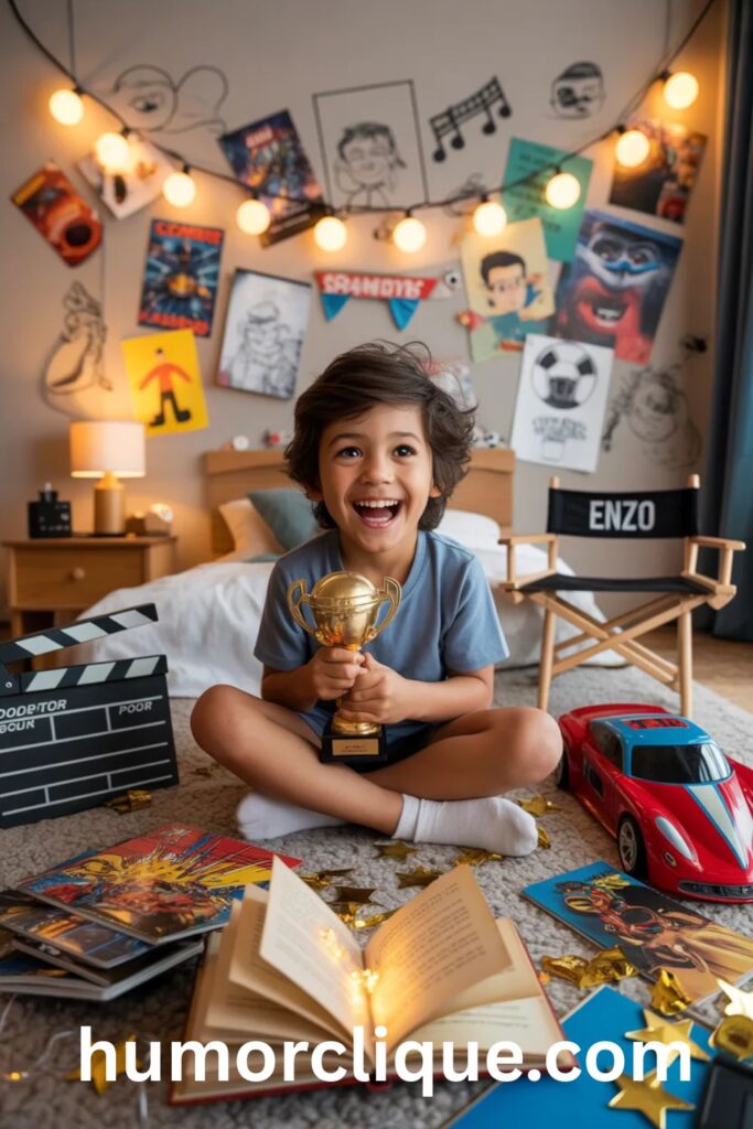 Joyful young boy sitting among colorful pop culture items including comic books, a racing car, movie clapperboard and a trophy in a vibrant decorated bedroom — Enzo in Pop Culture