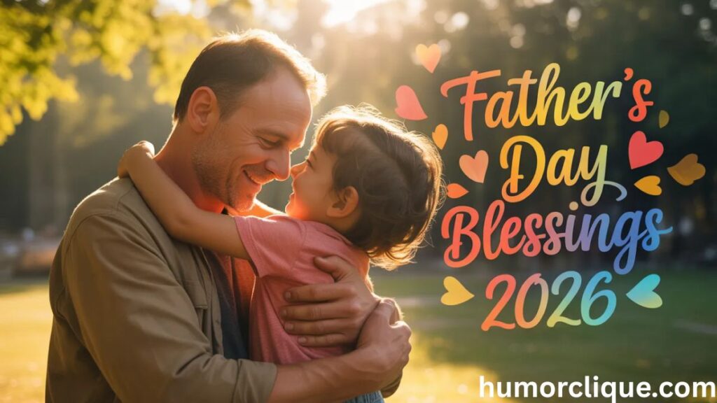 "A father and child sharing a warm embrace at golden hour sunset, surrounded by colorful floating hearts, with the text 'Father's Day Blessings 2026' — a heartfelt tribute to fatherhood."