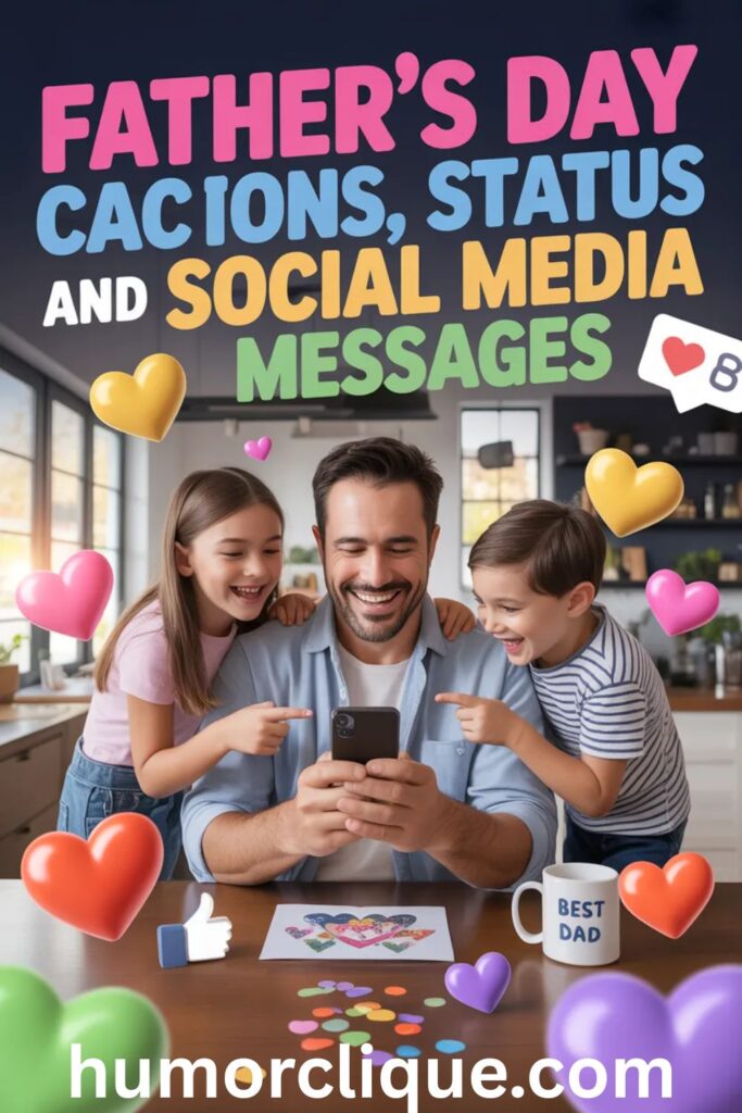 "A joyful dad smiling at his phone surrounded by his laughing kids, colorful floating hearts, and social media icons, with the vibrant text 'Father's Day Captions, Status and Social Media Messages' — the perfect featured image for a Father's Day social media blog post."