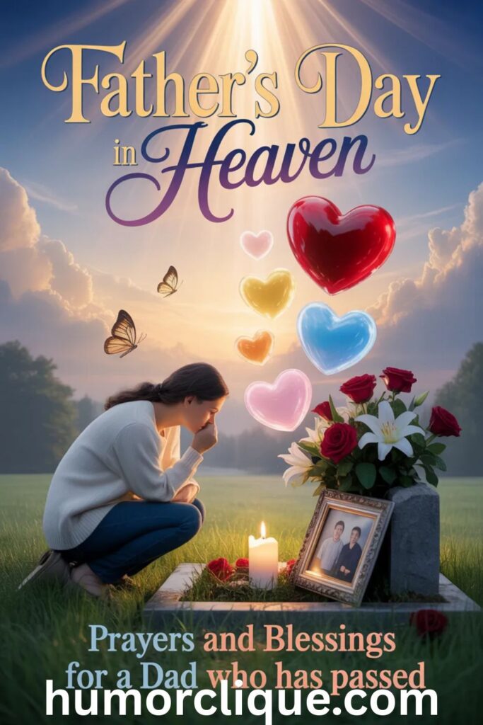 "A peaceful graveside memorial scene on Father's Day with glowing colorful hearts rising to heaven, fresh flowers, a lit candle, and the text 'Father's Day in Heaven: Prayers and Blessings for a Dad Who Has Passed' — a heartfelt tribute image for a Father's Day remembrance blog post."
