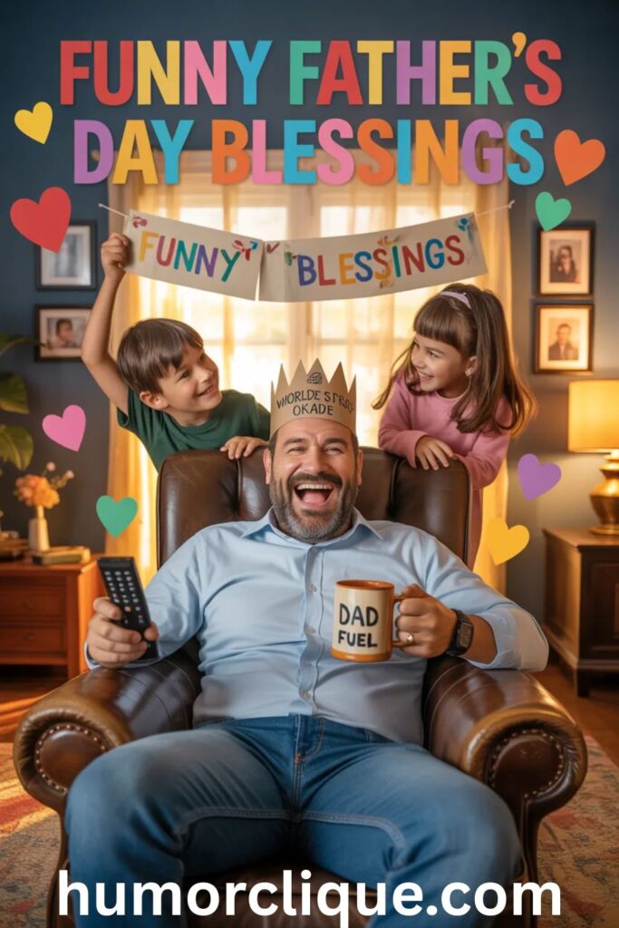 "A funny and heartwarming Father's Day scene showing a dad in a goofy crown with kids surprising him, surrounded by colorful hearts and the text 'Funny Father's Day Blessings' — perfect for a humor-filled Father's Day blog post."