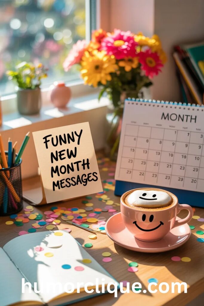 Funny new month messages concept with coffee smiley face, colorful confetti, calendar, and cheerful sunrise creating a joyful and humorous mood