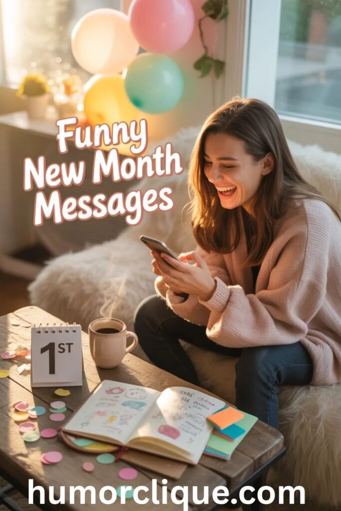 Person laughing while reading funny new month messages on smartphone with colorful decorations, coffee, and cheerful morning sunlight.