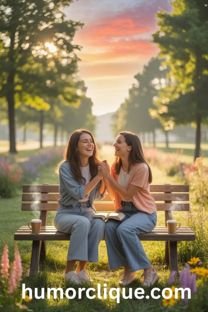Two best friends sitting together on a sunlit park bench during early morning golden hour, holding hands in prayer and smiling joyfully, surrounded by wildflowers and a glowing colorful sunrise, representing a heartfelt good morning prayer message for a friend.

