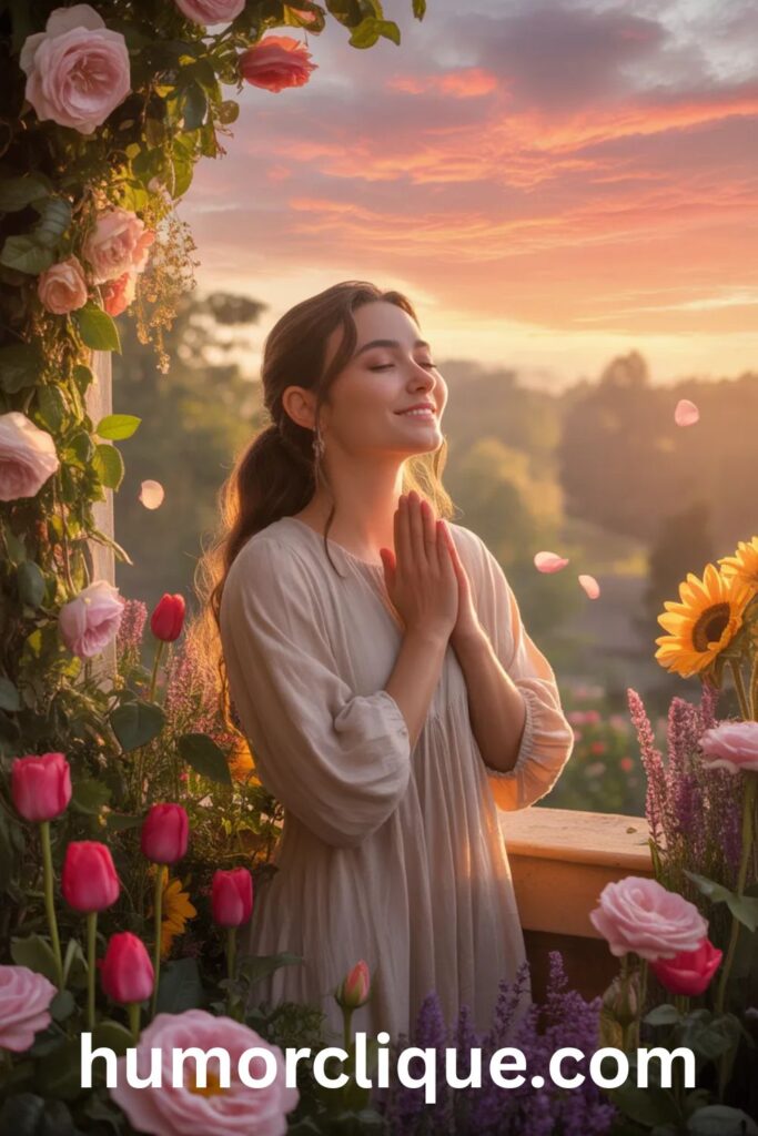 A beautiful young woman standing on a sunlit garden balcony with eyes closed and hands over her heart in prayer, surrounded by blooming roses and a glowing colorful sunrise, representing a heartfelt good morning prayer message for her.

