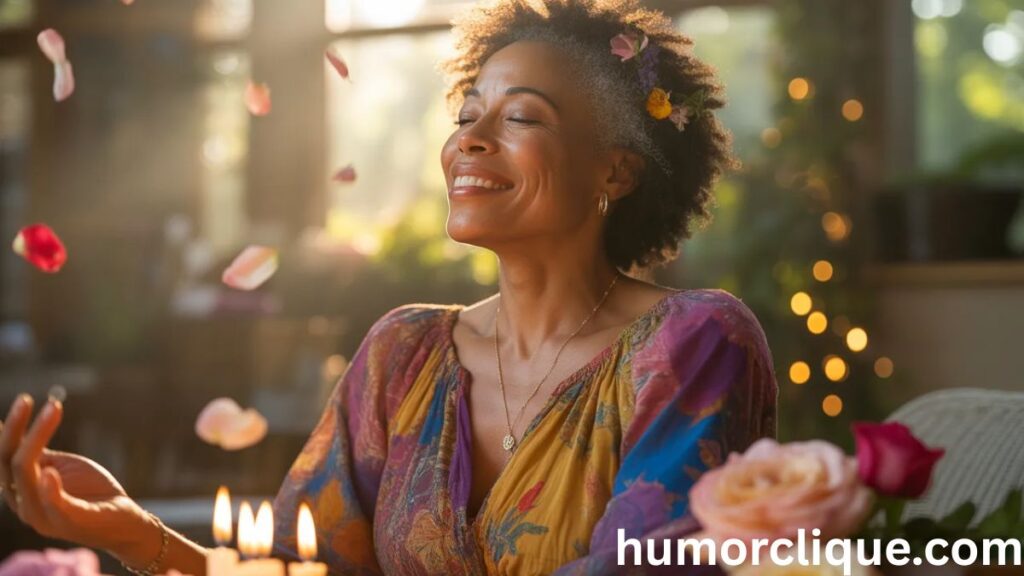 A joyful African American woman celebrating her birthday in a spiritual and uplifting moment, surrounded by glowing golden light, rose petals, and vibrant Afrocentric colors — radiating gratitude, faith, and inner beauty.