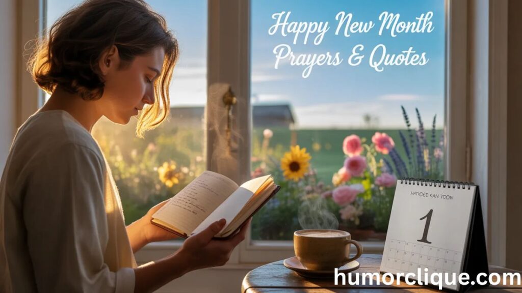 Happy New Month prayers and quotes inspiration with sunrise, open prayer journal, flowers, and peaceful morning light symbolizing hope and new beginnings.