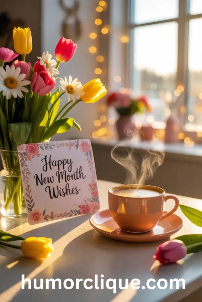Happy new month wishes concept with sunrise light, greeting card, coffee, and colorful flowers creating a joyful and hopeful fresh start
