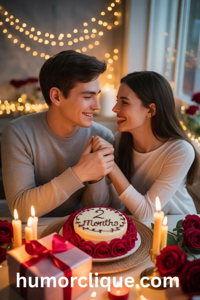 Happy couple celebrating their 2-month anniversary with cake, roses, and candlelight in a romantic setting.