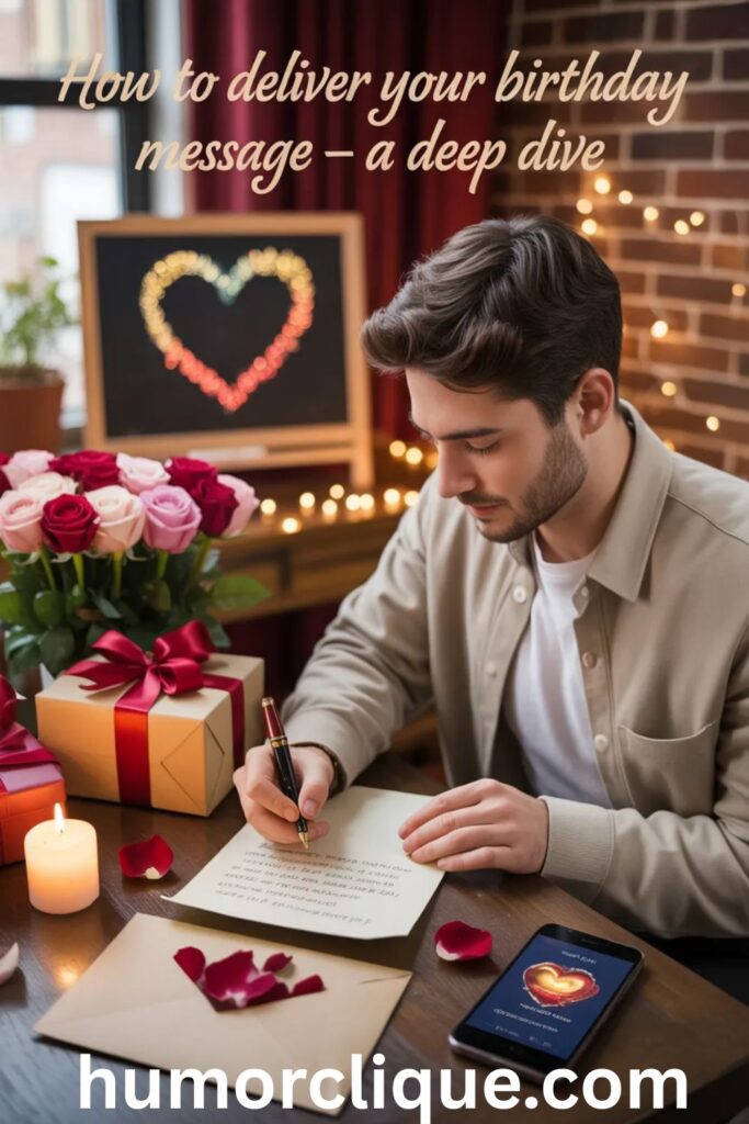 How to deliver your birthday message — a heartfelt scene of a man handwriting a romantic birthday letter with roses, a gift box, candlelight, and a glowing heart, symbolizing deeply personal birthday message delivery ideas.