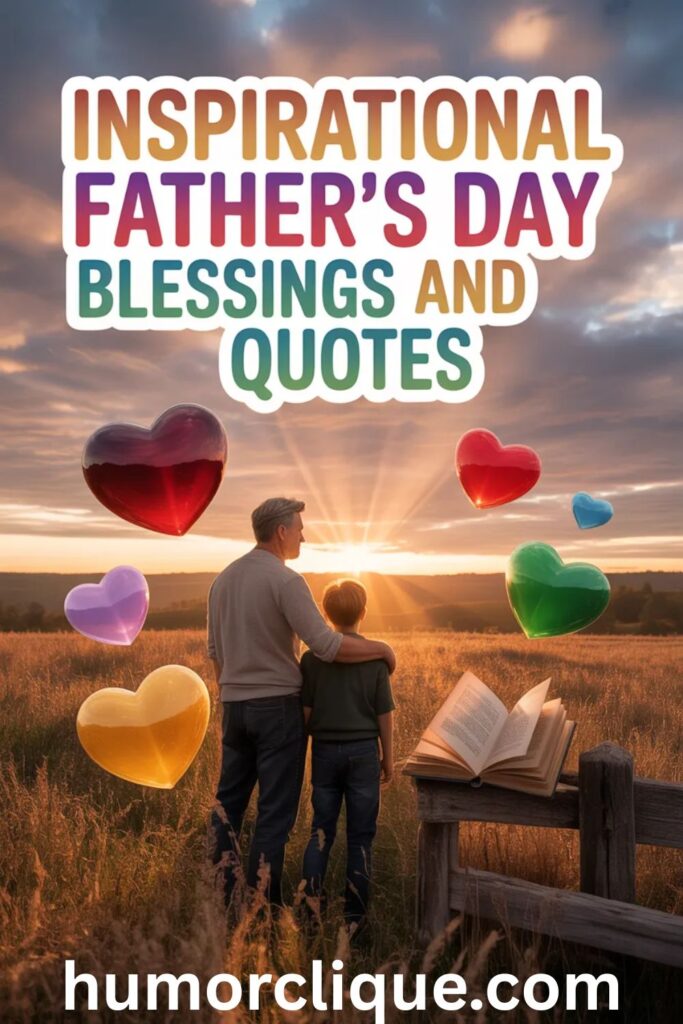 A wise father and his young son standing in a golden sunrise field surrounded by colorful floating hearts and an open inspirational book, with the text 'Inspirational Father's Day Blessings and Quotes' — a powerful image for a Father's Day quotes blog post."