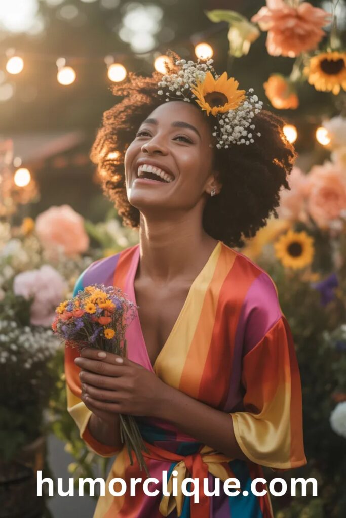 A confident, joyful Black woman celebrating her birthday surrounded by warm golden light, colorful flowers, and vibrant colors — an inspirational image capturing strength, beauty, and heartfelt birthday blessings.