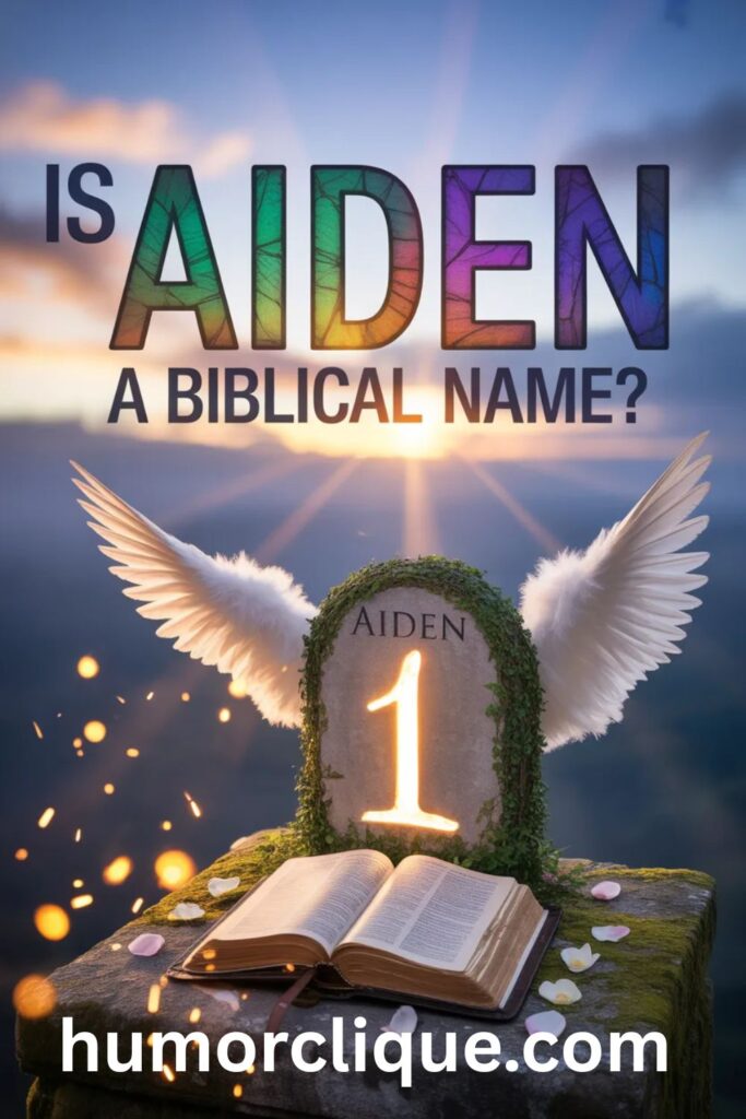 A photorealistic heavenly scene with an open ancient Bible, angel wings, and glowing divine light rays, featuring the name Aiden on a stone tablet surrounded by golden sparks, illustrating whether Aiden is a biblical name