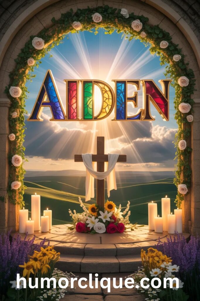 A photorealistic sacred Christian scene featuring the name Aiden glowing in stained-glass style letters beneath a wooden cross adorned with flowers, surrounded by divine golden light rays, candles, and an open Bible on a sunlit chapel hillside, representing Aiden as a beautiful and meaningful Christian name