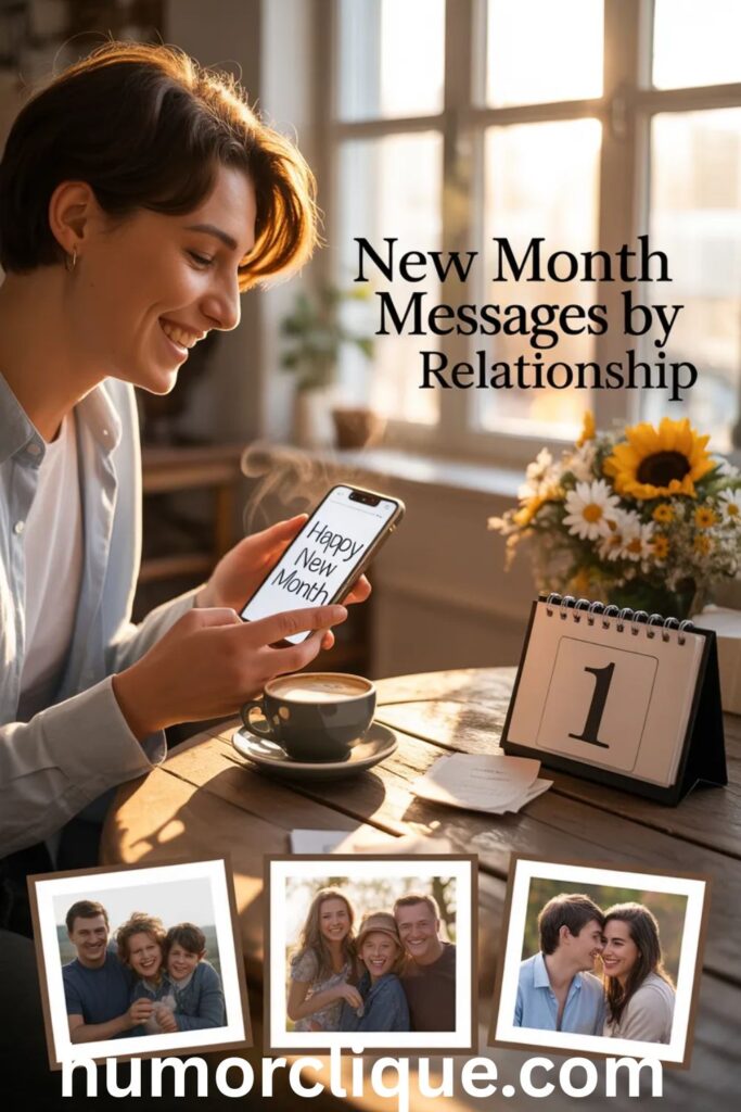Person sending happy new month messages on smartphone with family photos and flowers representing new month wishes for friends, family, and loved ones.