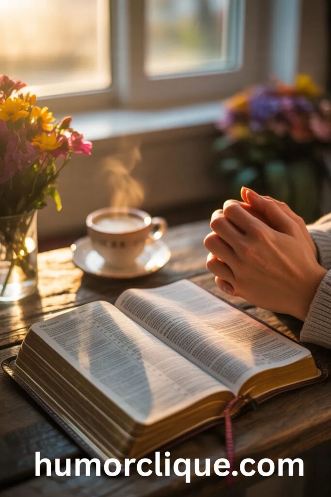 Happy new month prayers with Bible verses concept featuring open Bible, praying hands, sunrise light, and peaceful spiritual setting