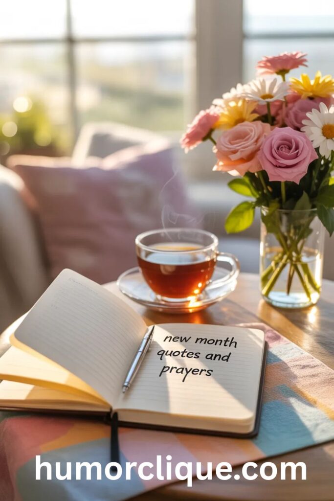 New month quotes and prayers concept with sunrise light, journal, coffee, and flowers creating a peaceful and inspiring fresh beginning