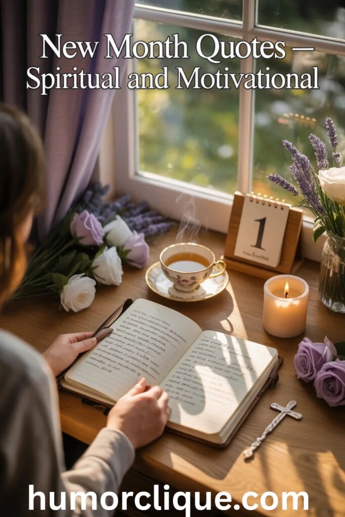 Person reading motivational and spiritual quotes in a sunlit journal with flowers and calendar, inspiring hope and reflection for the new month.