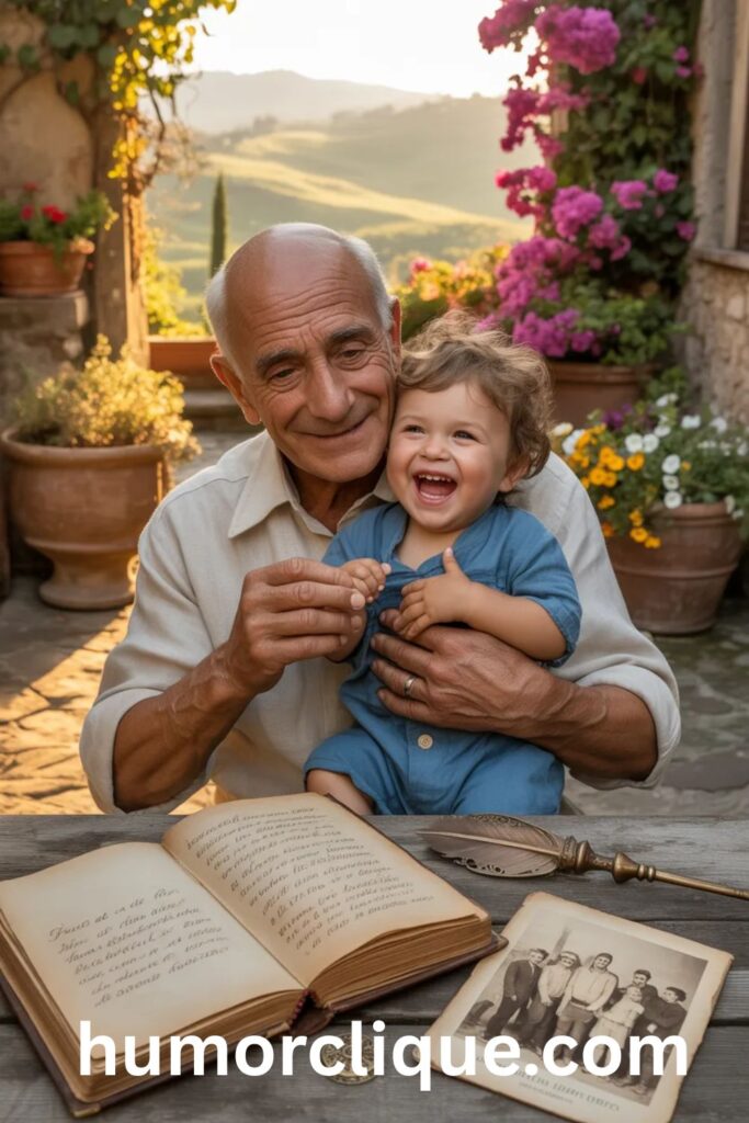Elderly Italian grandfather and toddler grandson sharing a joyful moment in a sunlit Tuscan courtyard with a vintage book — Origin and History of the Name Enzo