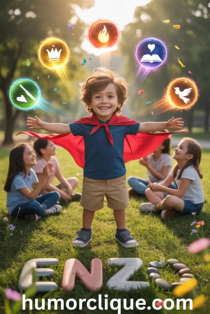 Confident and joyful young boy standing in a sunlit park with arms spread wide surrounded by colorful glowing orbs representing leadership creativity kindness and intelligence with friends admiring him and pebbles spelling Enzo — Personality Traits Associated with Enzo