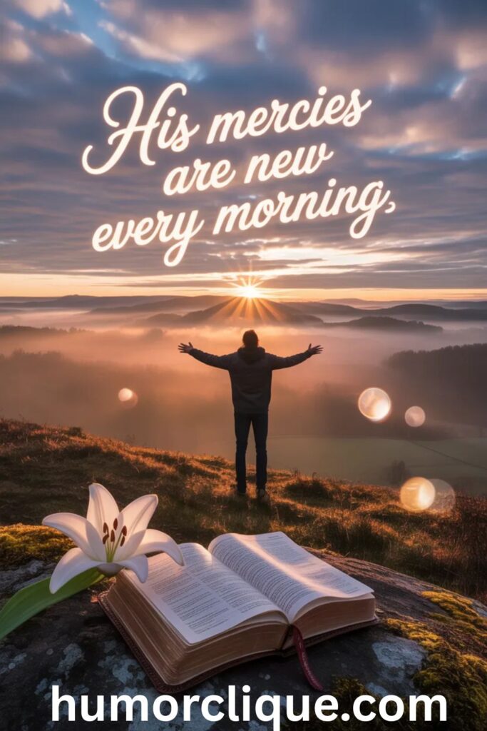 A person standing on a hilltop at sunrise with arms raised in worship, an open Bible on a rock beside a white lily, with golden scripture glowing in the sky — representing powerful Christian New Year quotes about new beginnings and God's fresh mercies.

