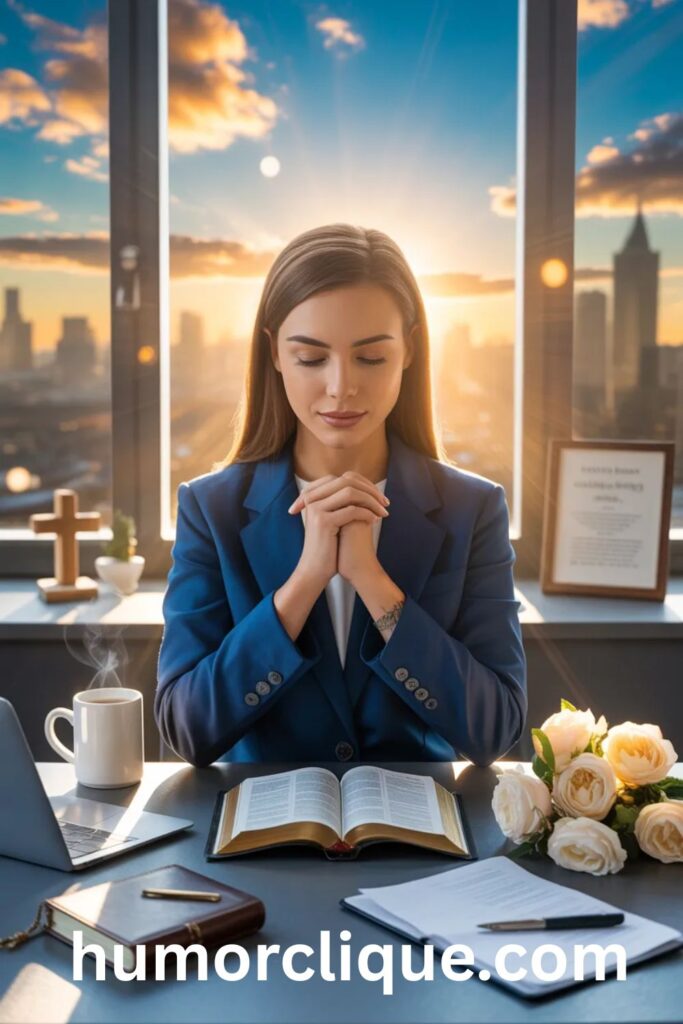 A focused professional woman praying at her office desk with an open Bible, coffee, and golden sunlight streaming through large windows — representing heartfelt prayers for career, work, and daily purpose.

