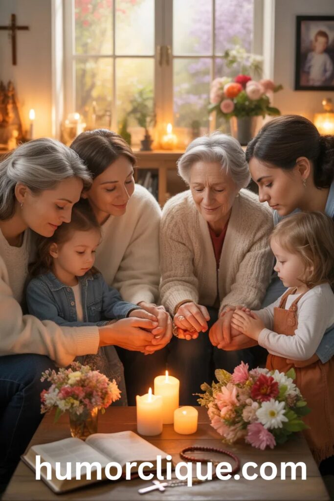 A loving multi-generational family holding hands in prayer together in a warmly lit home, surrounded by candles, an open Bible, and fresh flowers — representing heartfelt prayers for family, unity, and loved ones.