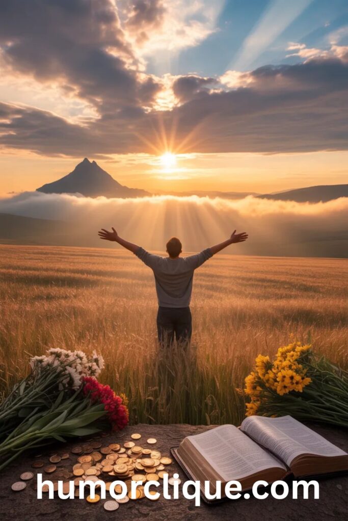 A person standing in a golden wheat field with arms raised toward bursting sunlight through dramatic clouds — a powerful image representing prayers for provision, breakthrough, and divine abundance.