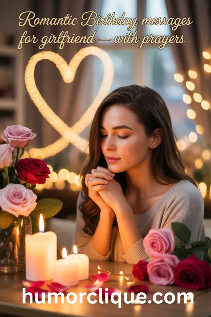 Romantic birthday messages for girlfriend with prayers — a heartfelt scene of roses, candlelight, golden bokeh, and a glowing heart with a peaceful prayerful atmosphere.