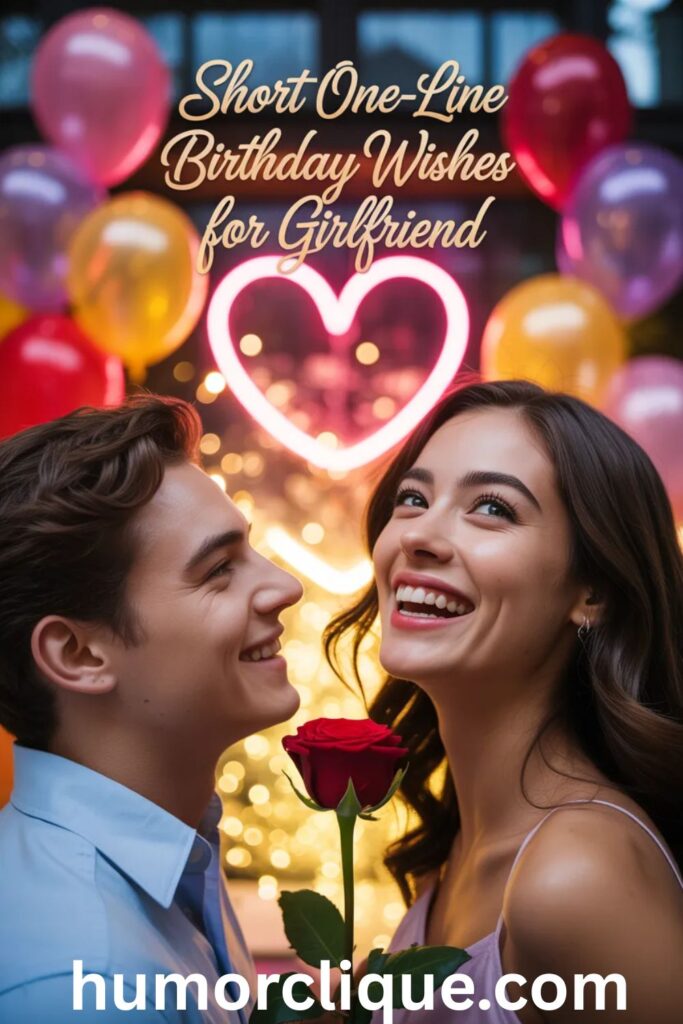 Short one-line birthday wishes for girlfriend — a joyful romantic scene with colorful balloons, golden confetti, a glowing pink heart, and a happy couple sharing a birthday moment.