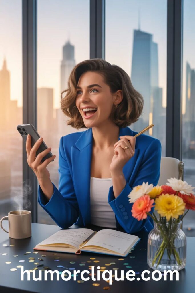 A confident, inspired woman discovering fresh and exclusive 2026 birthday messages on her smartphone at a modern sunlit desk — surrounded by colorful flowers, holographic confetti, and a glowing city skyline — representing brand new, never-seen-before birthday wishes and heartfelt messages for 2026.