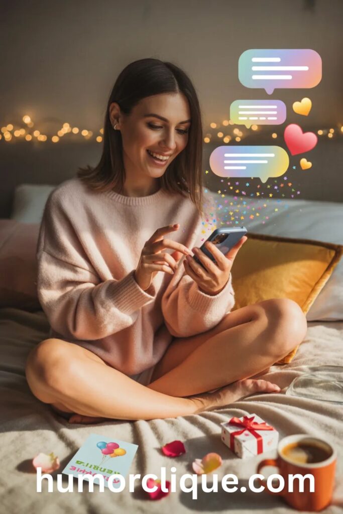 A joyful young woman sitting on a cozy sunlit bed smiling while typing a short birthday text message on her smartphone, surrounded by colorful flowers, gifts, and warm golden light — representing quick and heartfelt copy-and-paste birthday texts to send instantly.