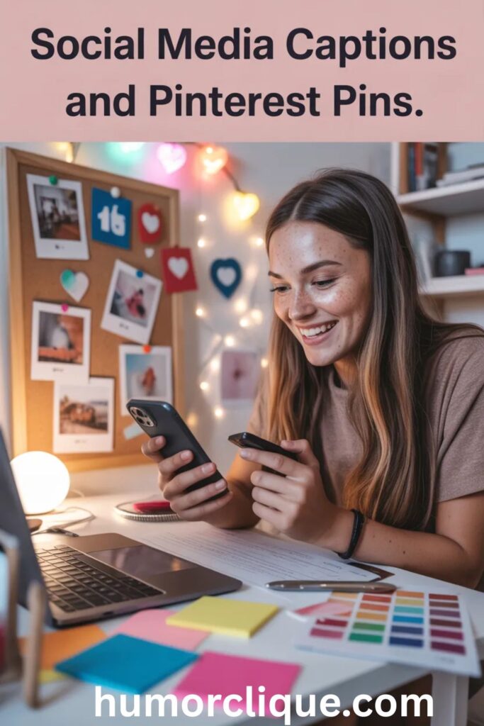 Creative person designing Pinterest pins and social media captions in colorful, heartwarming workspace.