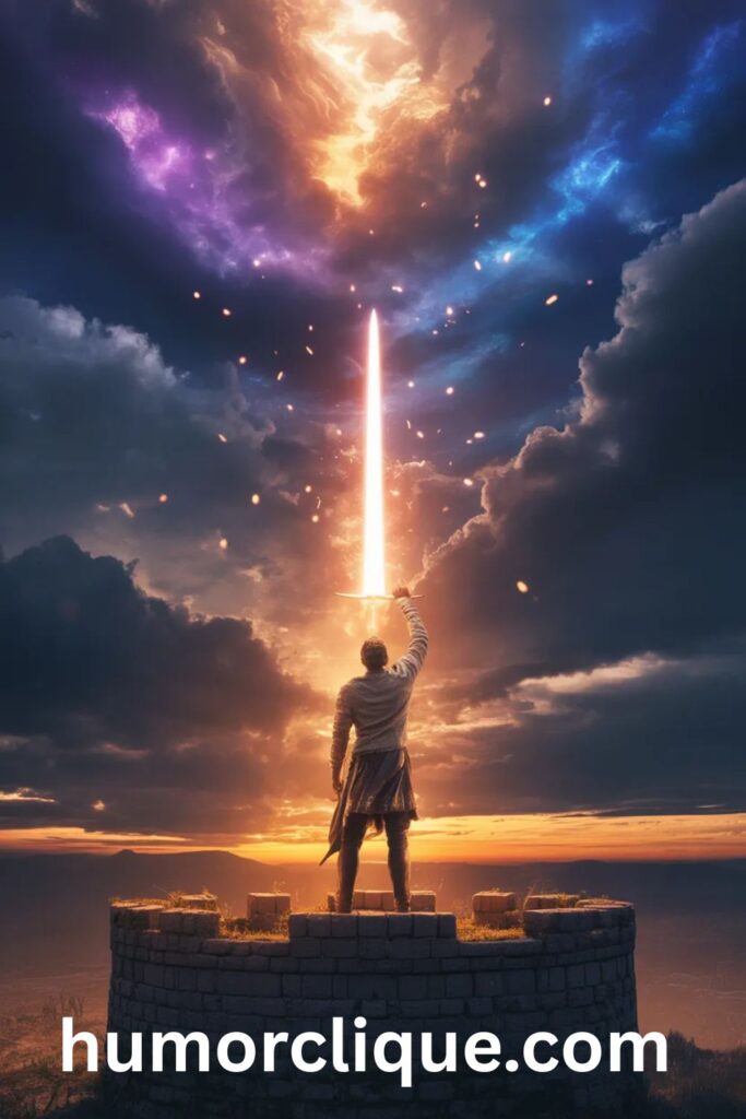 A powerful spiritual warrior standing on a fortress wall at 3AM with a glowing sword raised toward a dramatic heavenly sky, symbolizing spiritual warfare, divine protection, and the role of a watchman in faith