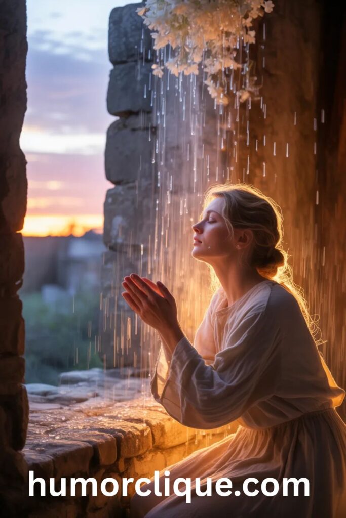 A person kneeling in humble prayer at 3AM bathed in soft golden divine light and glowing mercy particles with a breathtaking rose-gold pre-dawn sky visible through the window, representing God's grace and hour of mercy before dawn