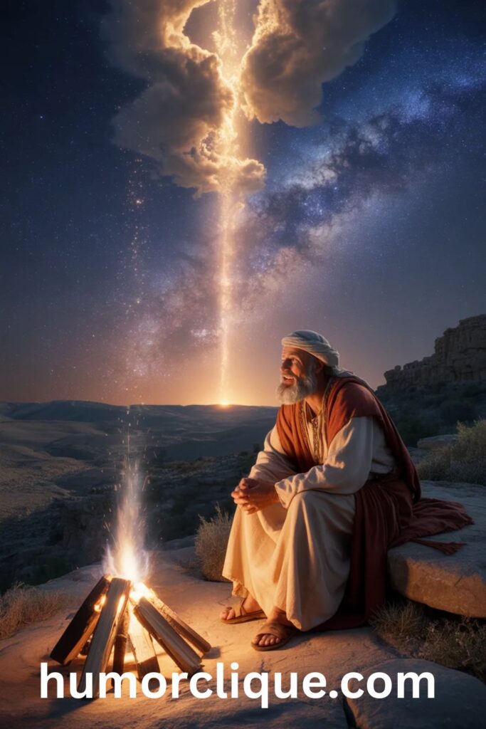 An ancient biblical figure sitting beside a fire on a rocky hillside at night receiving a divine message as a magnificent column of golden-white heavenly light breaks through dramatic clouds and the Milky Way fills the vast starry sky above, representing God speaking to His people at night throughout biblical history