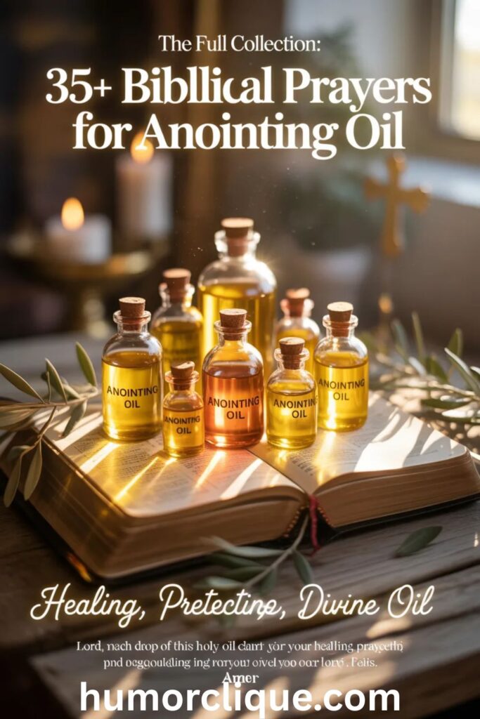Realistic collection of anointing oil bottles on open Bible with sunlight, symbolizing 35+ biblical prayers for healing and protection.