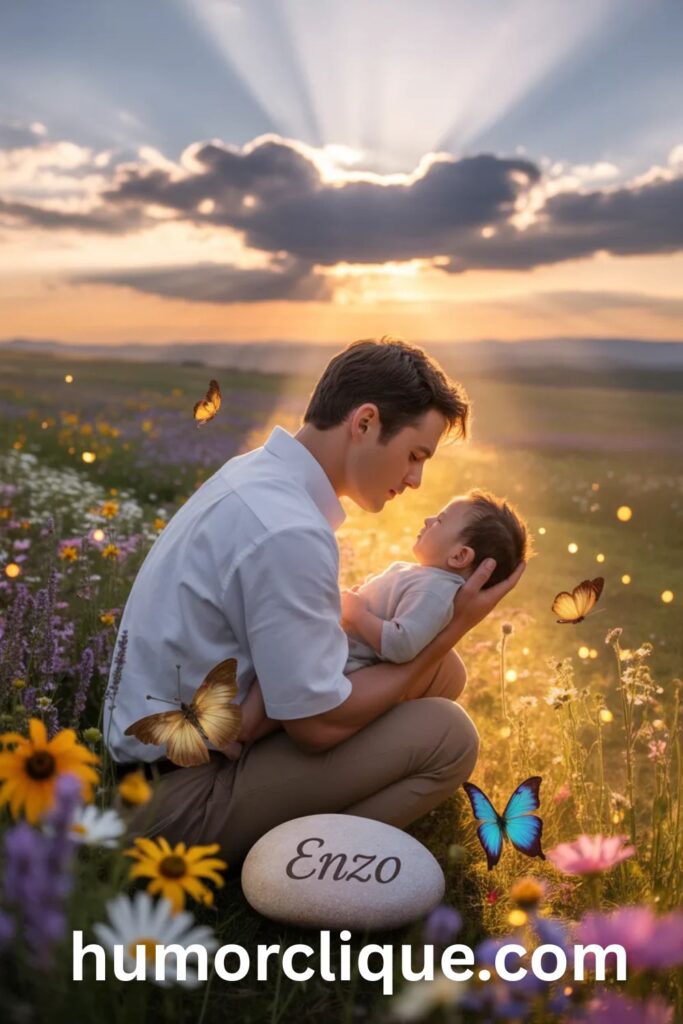 Loving father kneeling in a sunlit wildflower meadow cradling his sleeping newborn baby surrounded by golden rays of light butterflies and a stone engraved with the name Enzo — The Spiritual Meaning of Enzo

