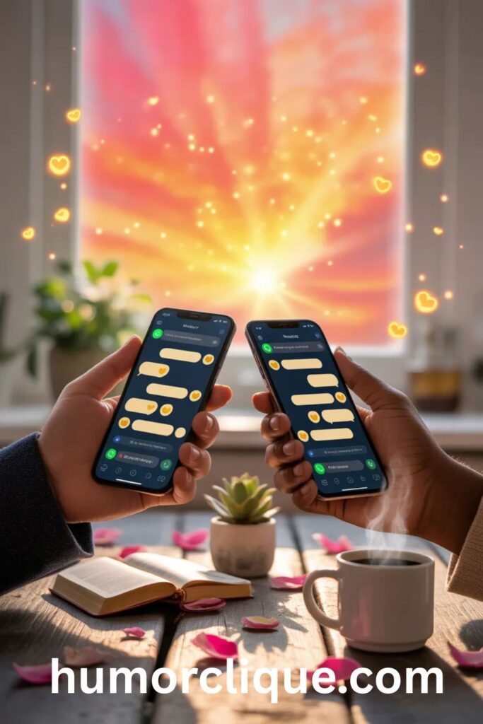 Two people holding smartphones with a glowing WhatsApp chat open showing morning prayer messages, with fresh rose petals, a Bible, and a steaming coffee mug on a wooden table bathed in warm colorful sunrise light, representing ultra-short morning prayer messages for WhatsApp.

