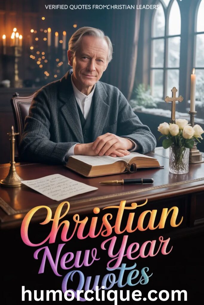 Christian New Year Quotes from verified Christian leaders displayed in colorful glowing text over a realistic image of a pastor reading the Bible in warm golden church light, symbolizing hope and faith for the New Year.

