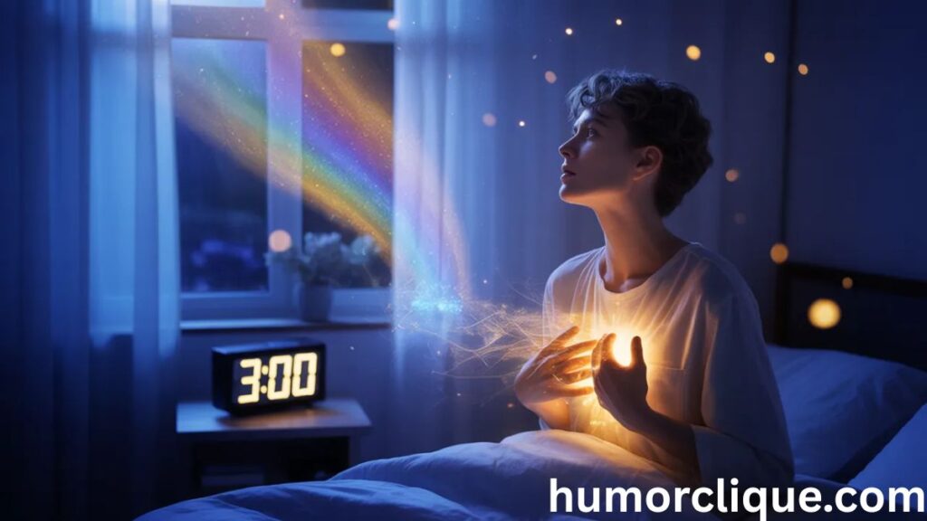 Person waking up at 3AM experiencing a spiritual awakening with divine golden light glowing from their heart and mystical cosmic energy visible through the bedroom window