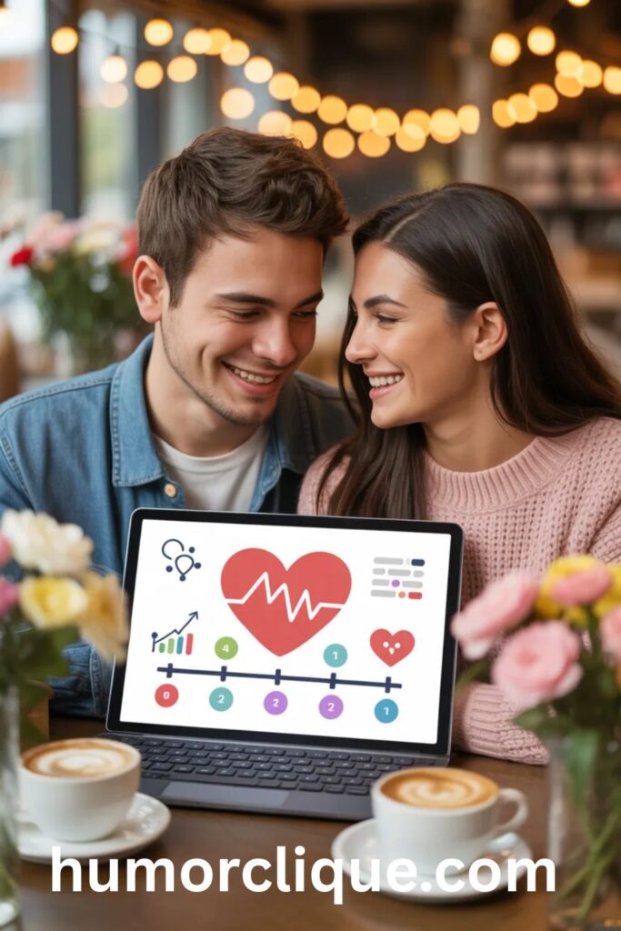 Happy couple discussing early relationship milestones while viewing love timeline research on a tablet in a cozy romantic setting.