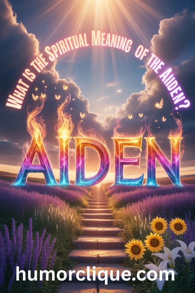 A photorealistic spiritual scene featuring the glowing name Aiden in fiery golden and violet letters surrounded by divine light rays, angel wings, and wildflowers, illustrating the deep spiritual meaning of the name Aiden as little fire and fiery one