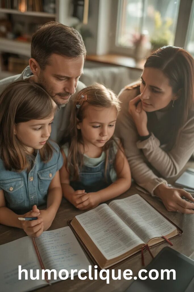 Family studying the Bible together reflecting on research about the importance of family prayer.