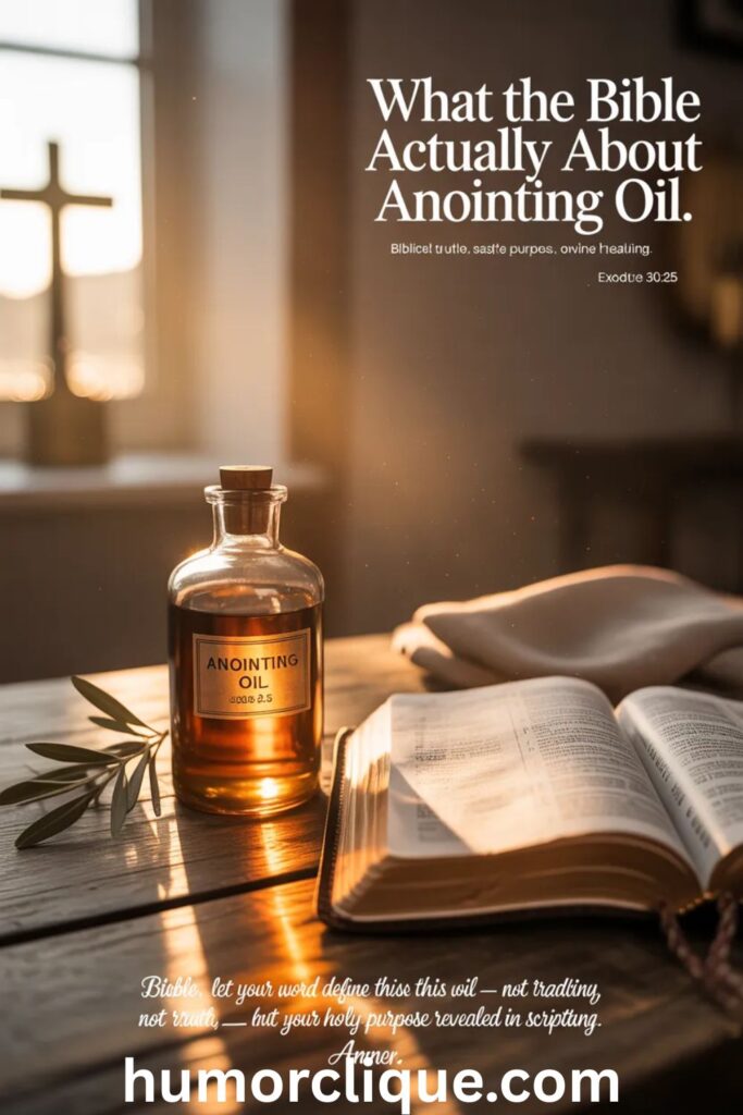 Realistic anointing oil bottle glowing beside open Bible with golden sunlight symbolizing biblical truth about anointing oil.