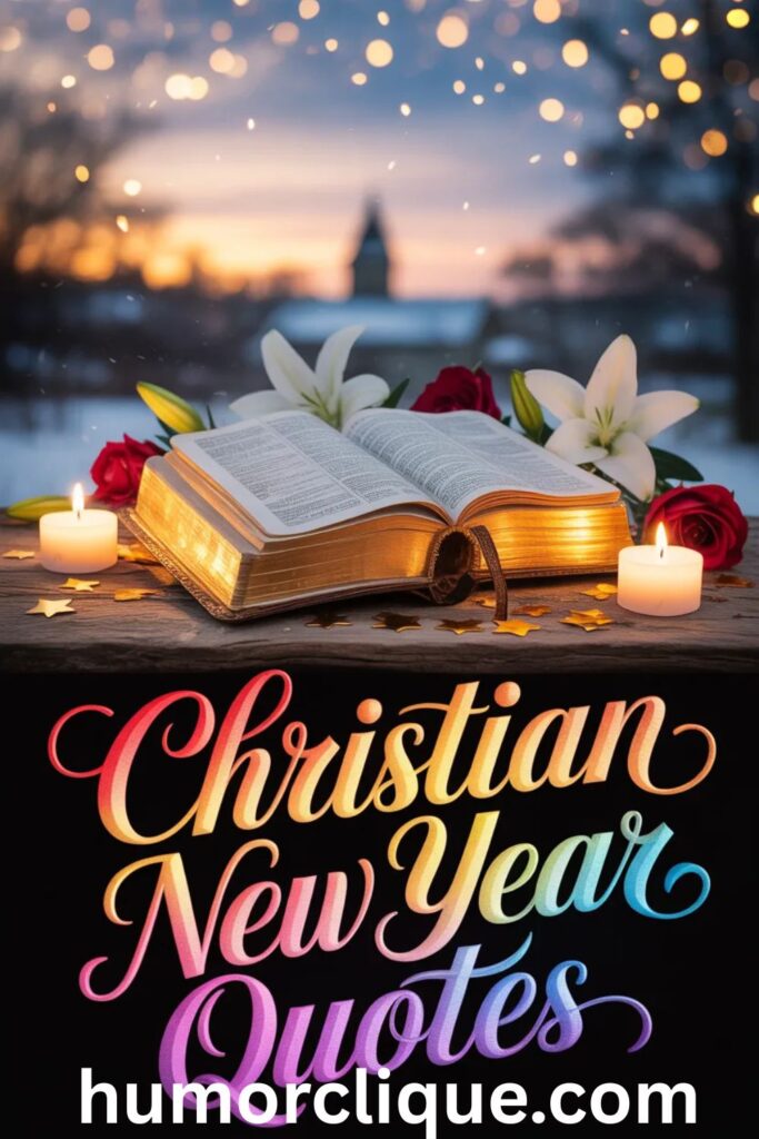 Christian New Year Quotes written in colorful glowing calligraphy over an open Bible surrounded by candlelight, roses, and golden heavenly light rays on a rustic wooden table.

