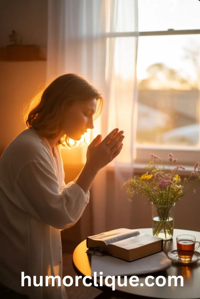 A person praying by a sunlit window in the early morning with an open Bible, a cup of tea, and fresh flowers on a wooden table, symbolizing the peace and power of good morning prayer messages.