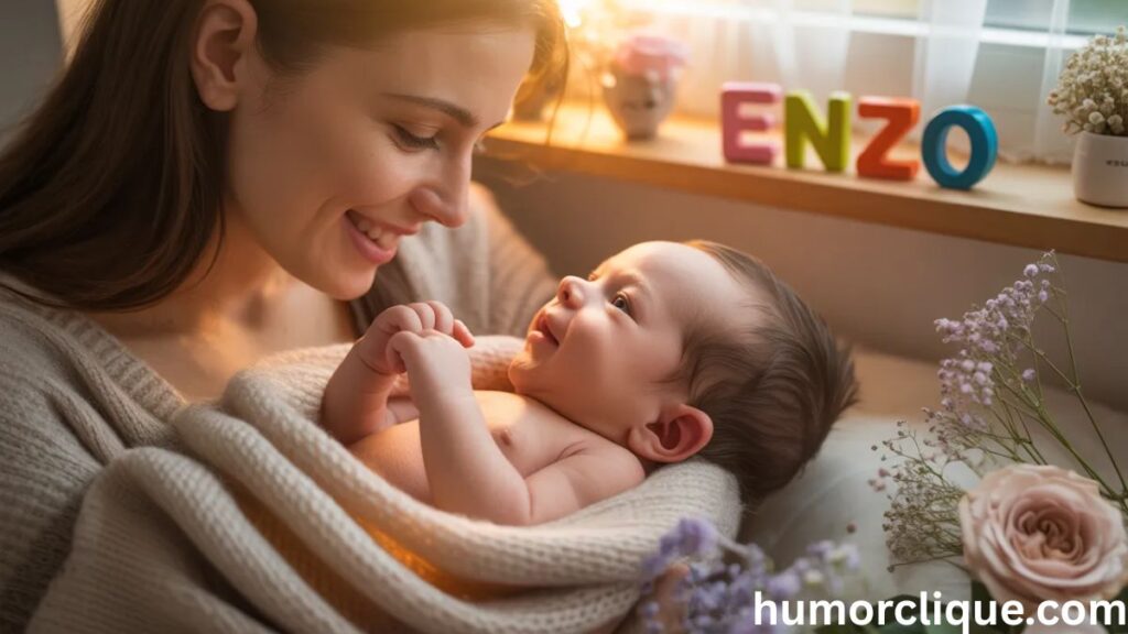 Smiling mother holding newborn baby boy in a warm nursery with colorful letter blocks spelling ENZO — Enzo name meaning, origin and popularity 2026
